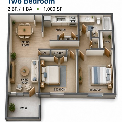 Floor plan for 2 beds, 1 bath, 960 sqft